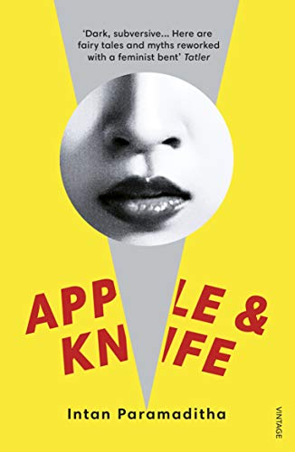 Book cover with a black and white close-up of a face on yellow background.