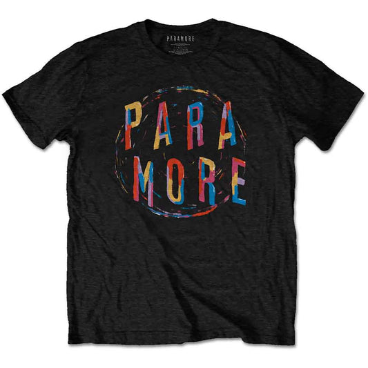 Man wearing a black Paramore t-shirt with colorful spiral logo.