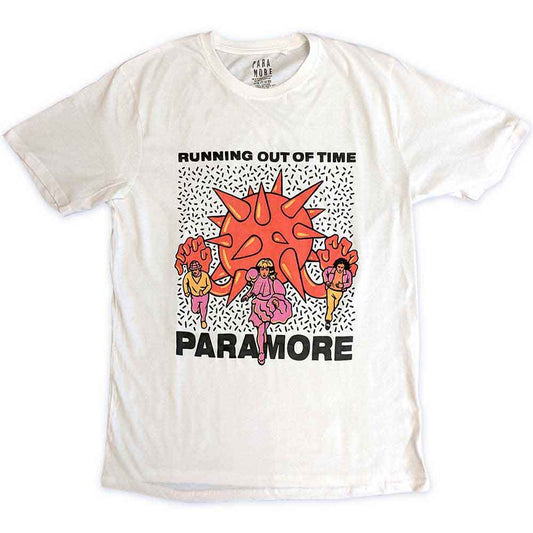 Black unisex T-shirt featuring Paramore Running Out Of Time graphic print on the front.