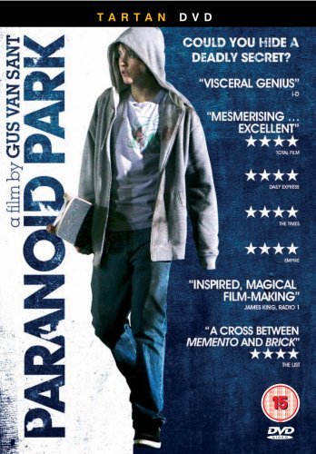 Paranoid Park" DVD cover featuring a hooded teen with a skateboard.