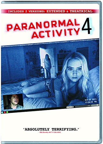 DVD cover for "Paranormal Activity 4" with a girl on a bed and ghostly figure.