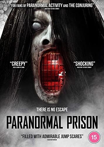 Close-up of eerie woman with open mouth revealing a red prison interior.