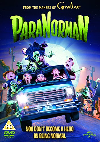 Paranorman DVD cover featuring characters in a van surrounded by zombies under a moon.