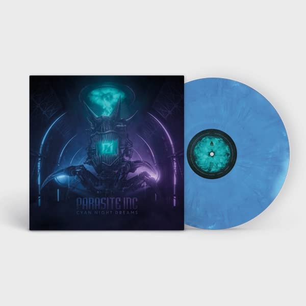 Cyan vinyl record and album cover featuring a glowing, mechanical insect.