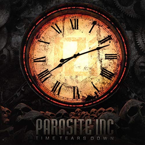 "CD cover featuring a distressed clock surrounded by skulls and gears, with 'Parasite Inc.' and 'Time Tears Down' text."