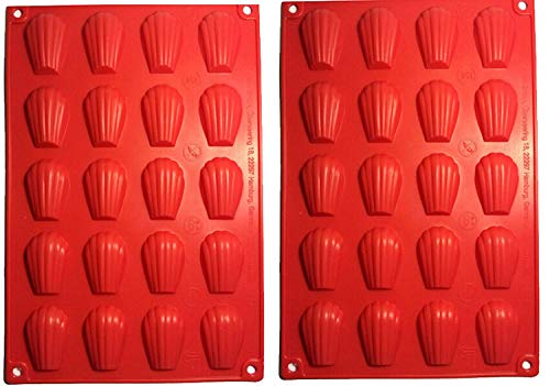 Two red silicone molds, each with twenty shell-shaped cavities.