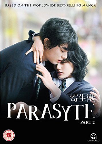 DVD cover featuring two young people in school uniforms embracing, titled Parasyte Part 2.