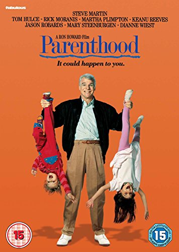 "Parenthood DVD cover featuring a man holding two children upside down on an orange background."