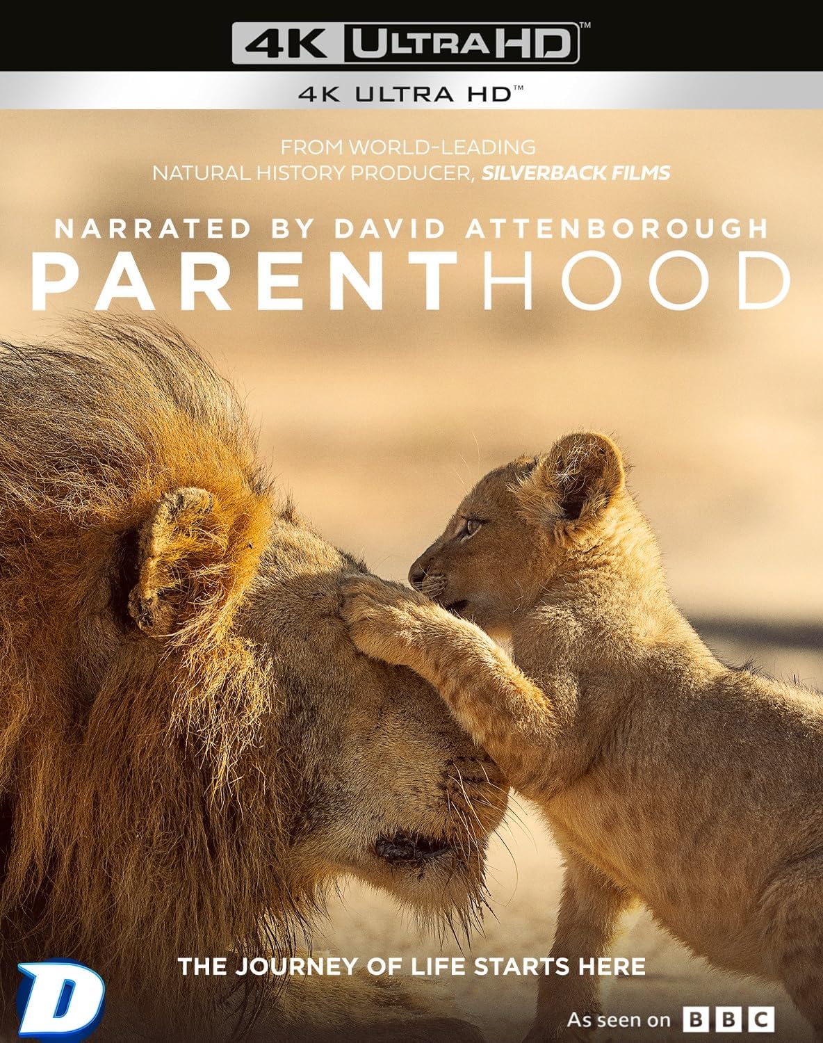Blu-ray cover featuring a lioness and cub, narrated by David Attenborough.