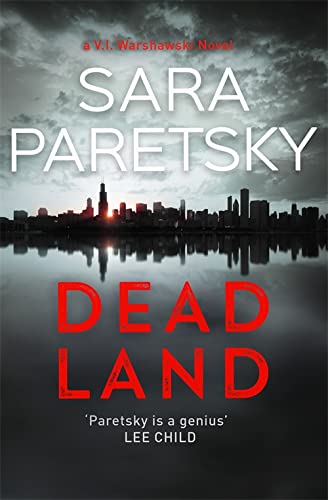 Book cover: city skyline reflected in water, with large red title "DEAD LAND".