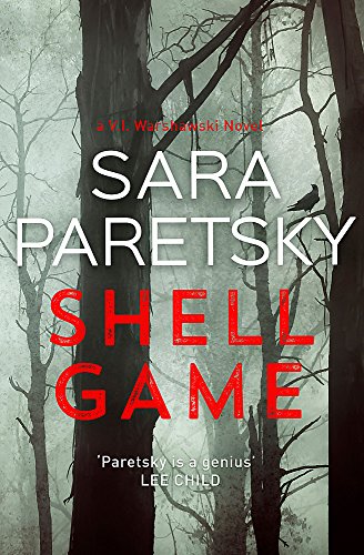 Book cover: dark forest background with red title “Shell Game” by Sara Paretsky.