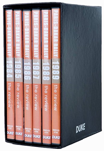 Six orange-spined DVDs titled "Paris Dakar Rally 1984-1989" in a black box.
