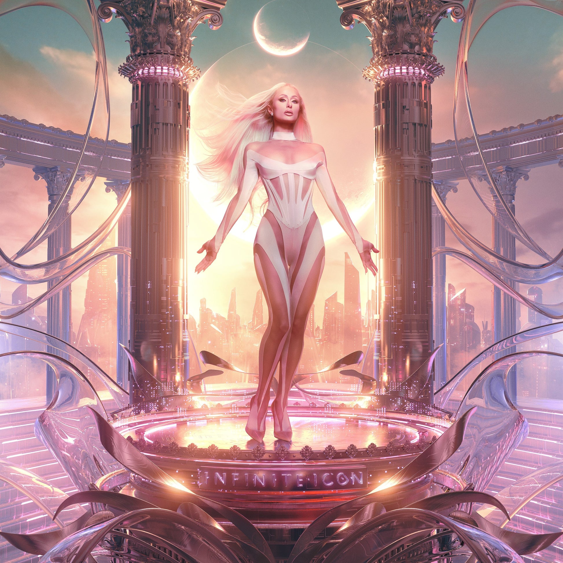 Paris Hilton in a white outfit, posed in a futuristic, ornate setting.