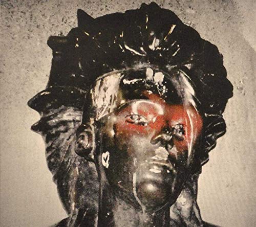 CD cover with a distressed, black and red painted portrait of a face.