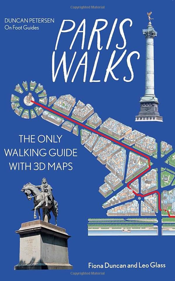 Paris walking guide cover with 3D maps, statue, and column imagery.