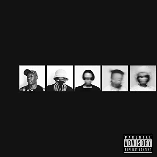 Black and white album cover featuring five obscured faces in frames.