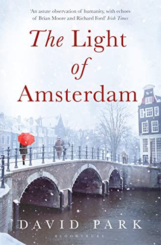 Book cover: snowy Amsterdam street scene with a bridge and red umbrella.
