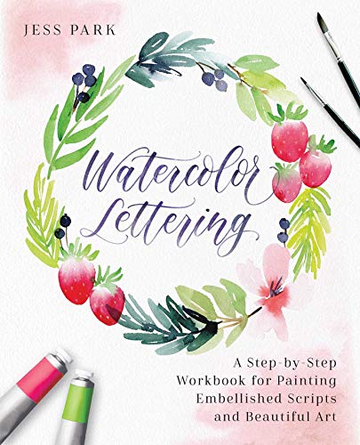 Book cover with watercolor lettering, floral wreath, and painting supplies.