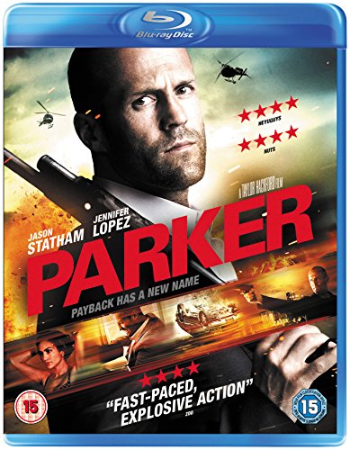 "Blu-ray case with 'Parker' cover art featuring Jason Statham and action scenes."