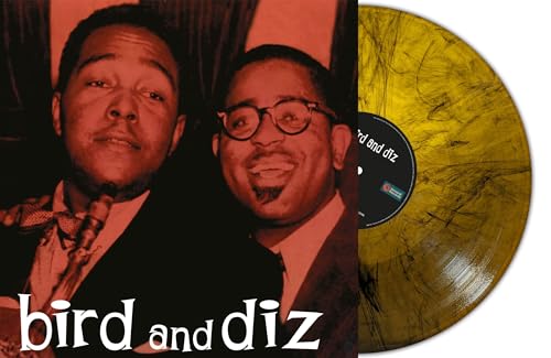Charlie Parker, Dizzy Gillespie portraits with olive marble vinyl record.