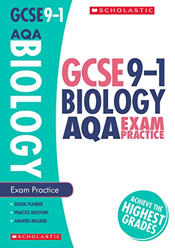 Blue and red GCSE Biology AQA exam practice book with a burst sticker.