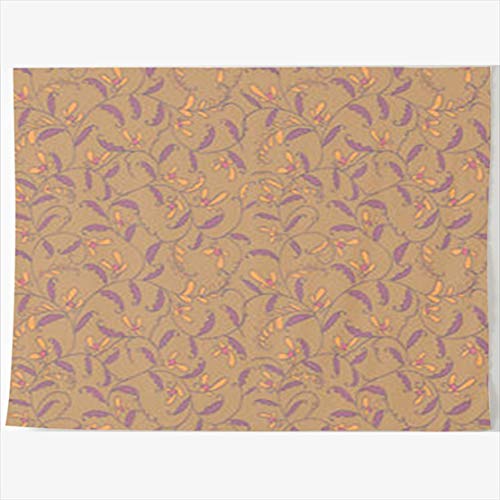 Floral tapestry with repeating purple and orange vine pattern on tan.