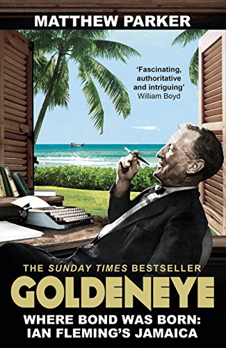 Book cover featuring Ian Fleming with a Jamaican coastal view and typewriter.