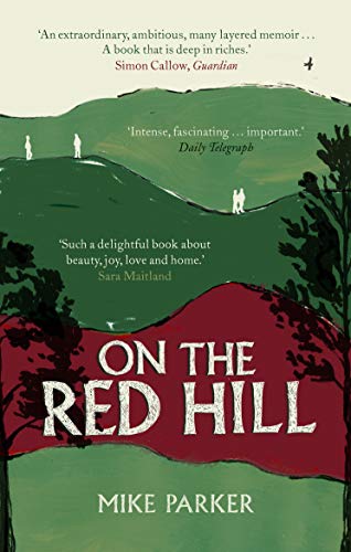 Book cover illustration of green hills and a red foreground with small figures walking.