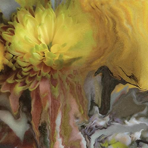 Close-up of yellow and pink abstract floral painting, textured swirls.