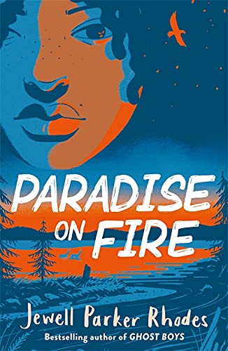 Book cover: "Paradise on Fire" with a woman’s face and orange landscape.