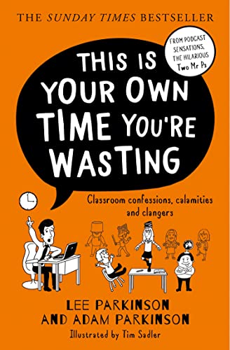 Orange book cover with bold text and cartoon illustrations of classroom scenes.