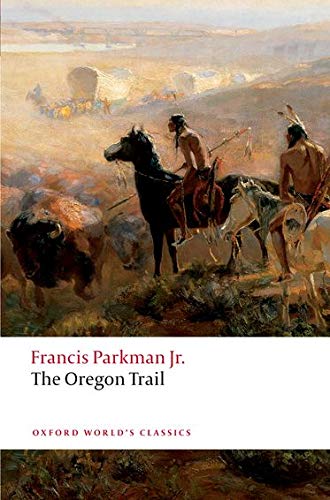 Painting of Native Americans on horseback near a buffalo herd and covered wagons.