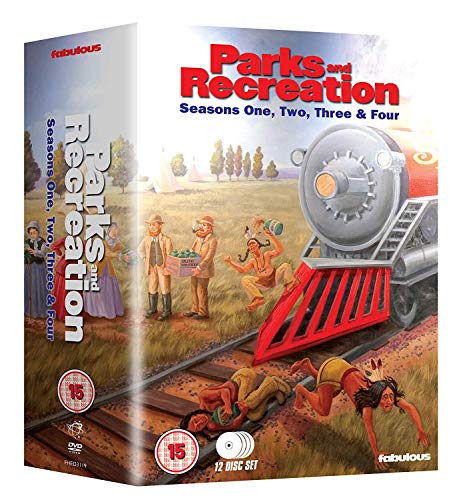"Parks and Recreation" DVD box set with cartoon illustration of people and a train.