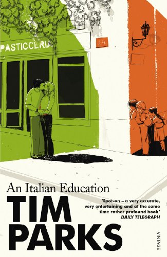 Book cover with illustrated couple and children, titled "An Italian Education" by Tim Parks.