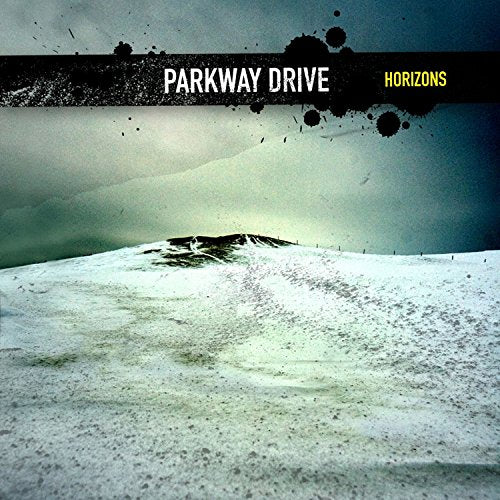 Parkway Drive Horizons album cover featuring a snowy hill under a dark, ink-splattered sky.