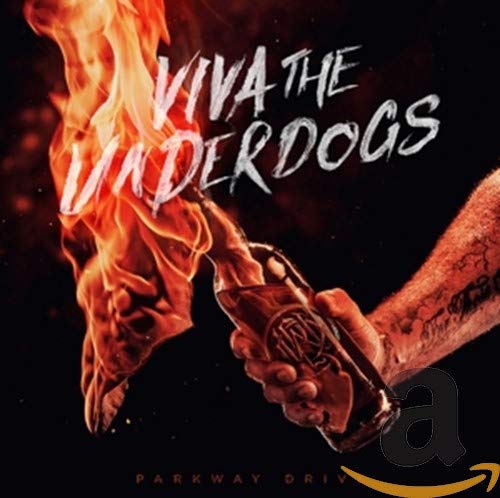 "Tattooed hand holding a flaming bottle against a dark background with album title."
