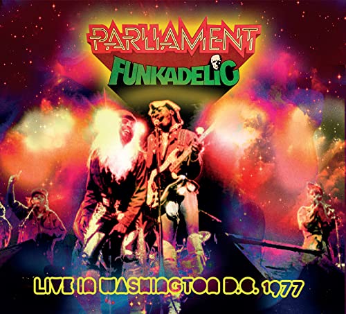 Parliament/Funkadelic live concert album cover, Washington D.C. 1977, colorful and energetic.