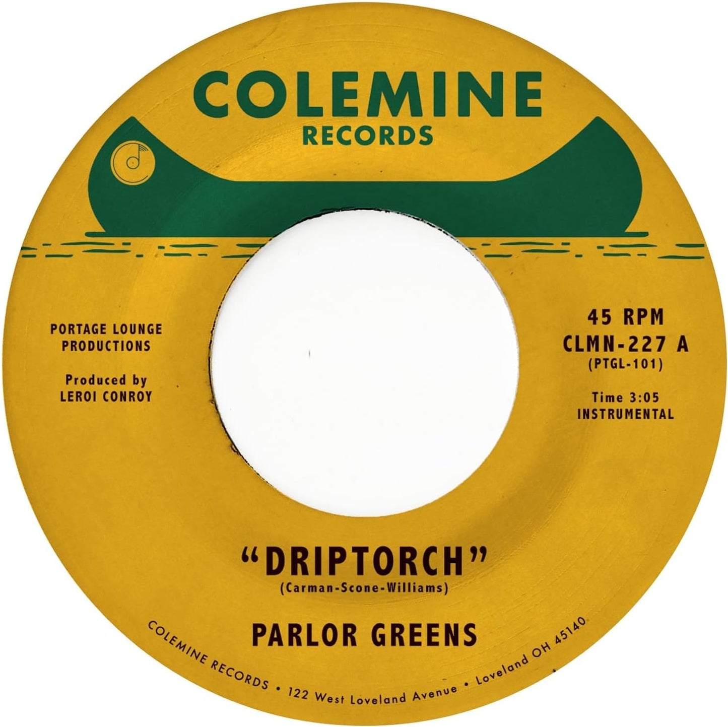 Yellow vinyl record label for Parlor Greens Driptorch with a green canoe graphic.