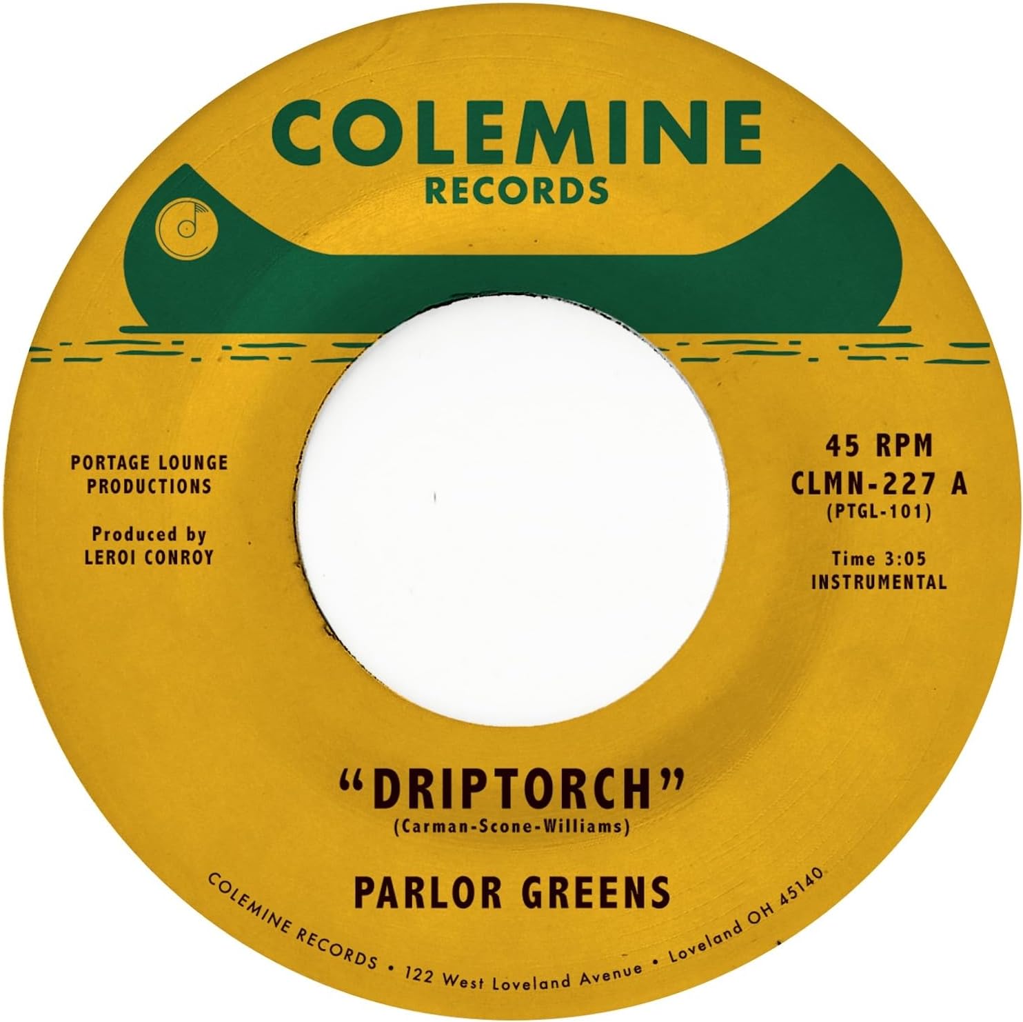 Yellow vinyl record label for Parlor Greens Driptorch with a green canoe graphic.