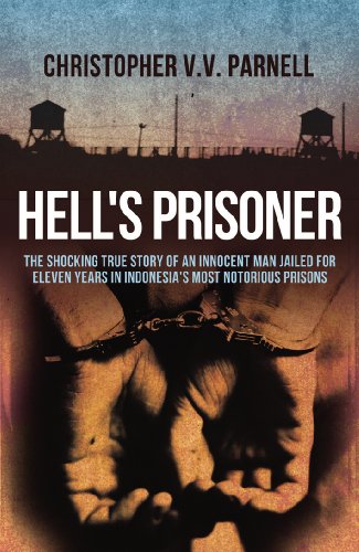 Book cover: "Hell's Prisoner" depicts handcuffed wrists against a prison backdrop.