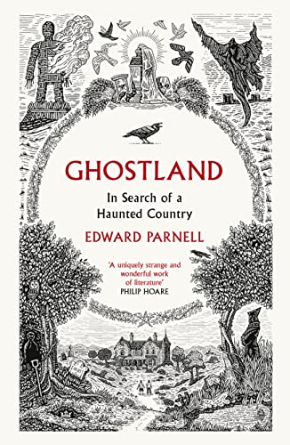 Book cover: “Ghostland” with detailed black and white illustrations and red text.