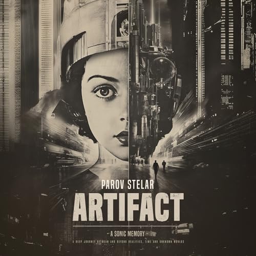 CD cover featuring a woman's face merged with a futuristic robotic city landscape.