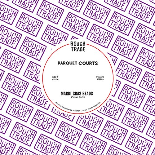 Parquet Courts "Mardi Gras Beads" 7-inch vinyl record label, red and white.