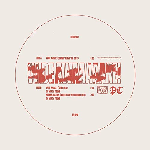 Parquet Courts "Wide Awake Remixes" vinyl record label, red text on beige.