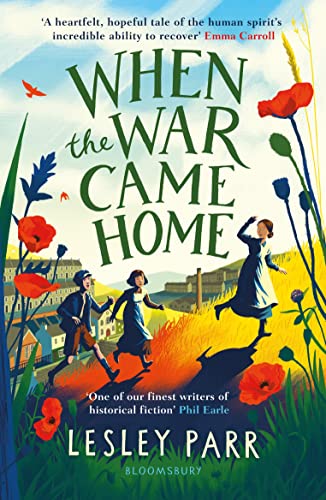 Book cover: children running in a field with poppies, wartime village backdrop.