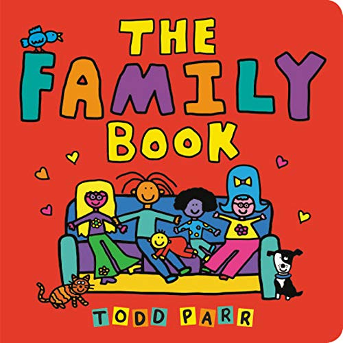 Colorful children’s book cover depicting a diverse family and pets on a couch.