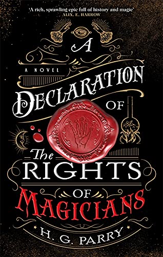 Book cover with fantasy elements, magicians, and mysterious symbols on a dark background.