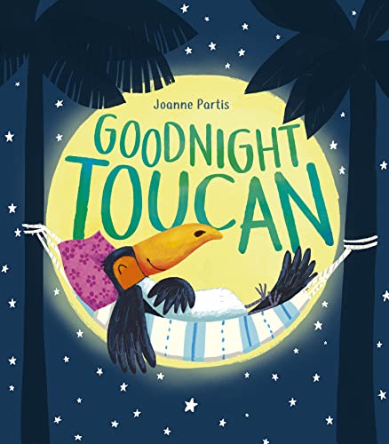 Toucan in a hammock under a moon, with starry night sky.