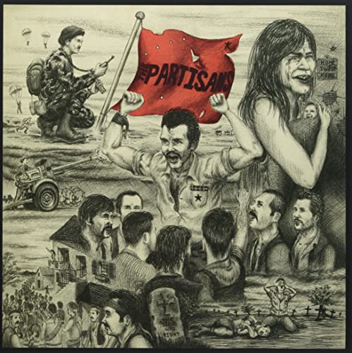 Detailed sketch of people protesting, with soldiers and a red flag.