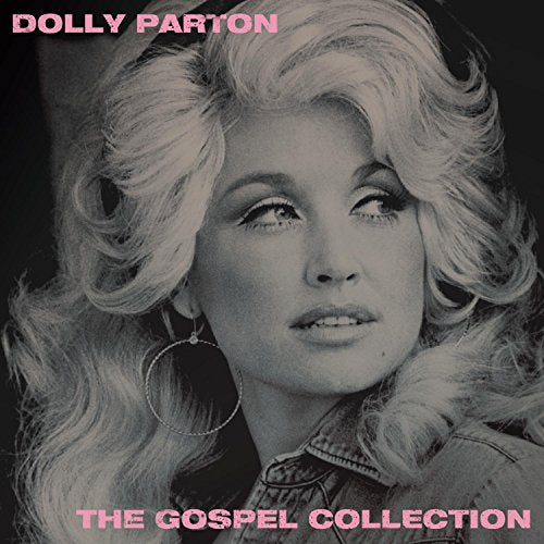 Black and white portrait of Dolly Parton with pink text overlay.